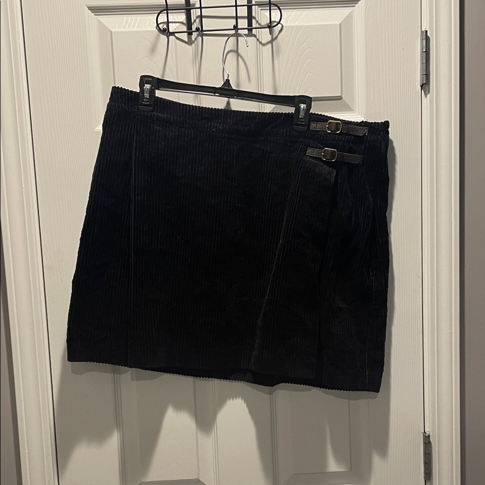 Black Corduroy Mini Skirt with Buckle Detail